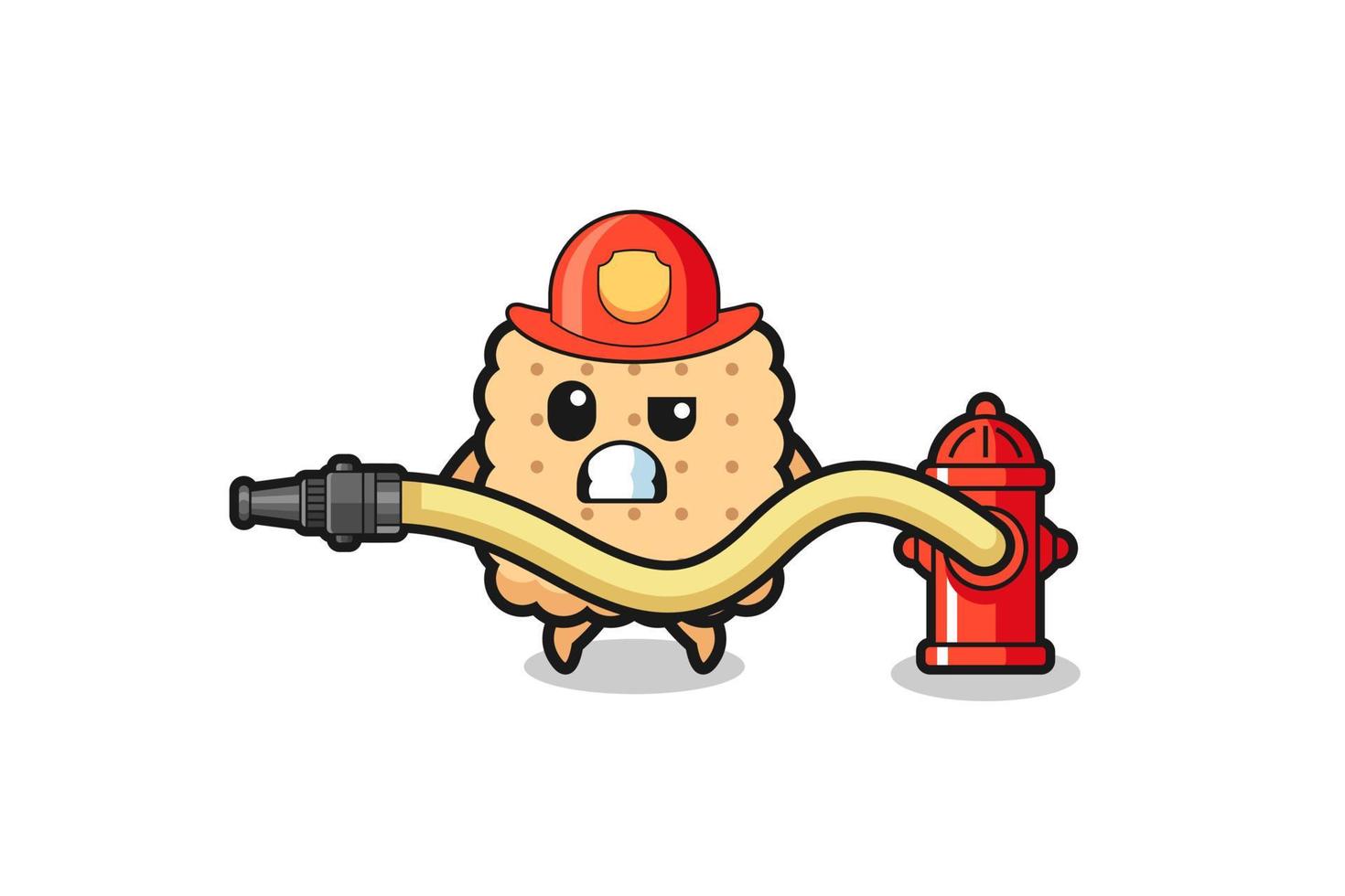 desenho de biscoito como mascote do bombeiro com mangueira de água vetor