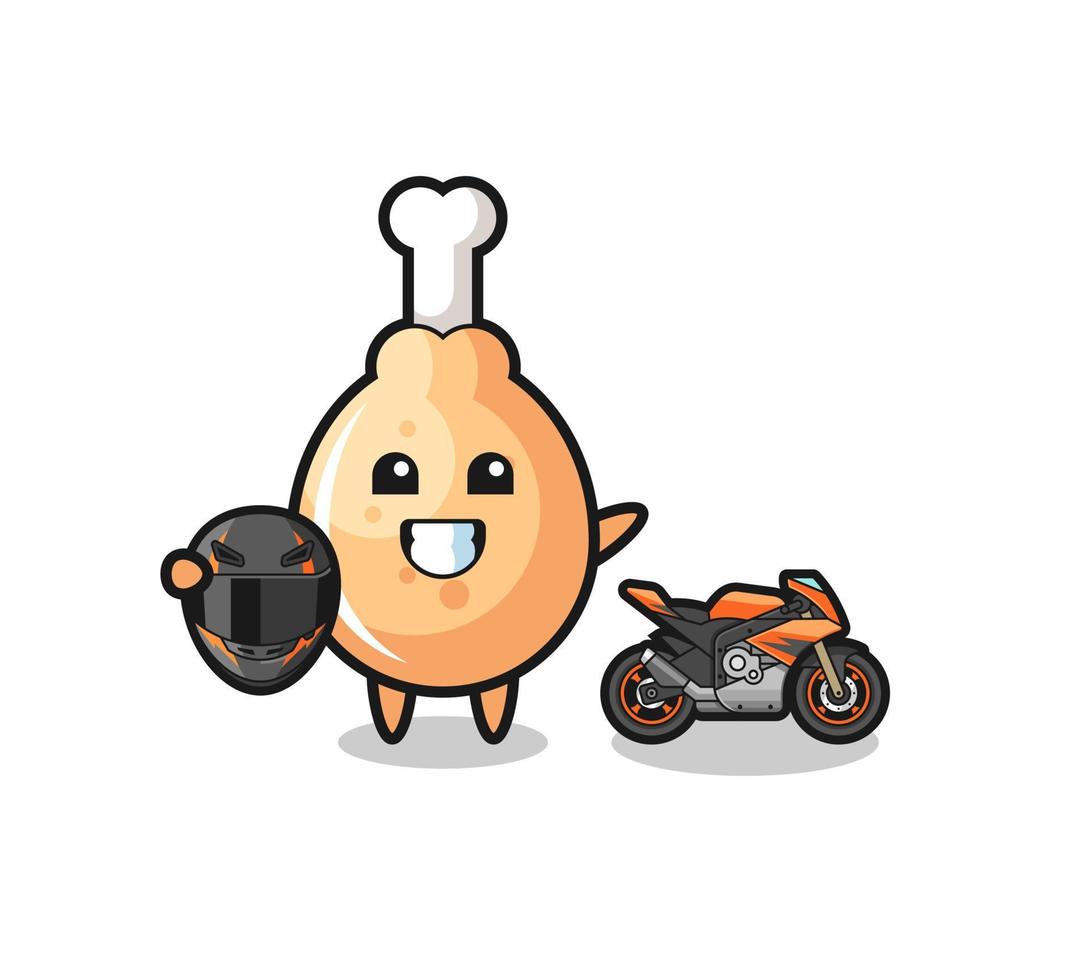 desenho de frango frito fofo como piloto de moto vetor