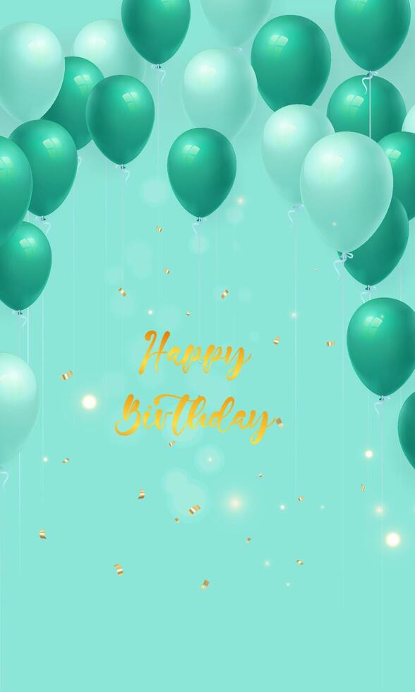 elegante feliz aniversário festa celebração cartão vertical modelo com verde balões vetor