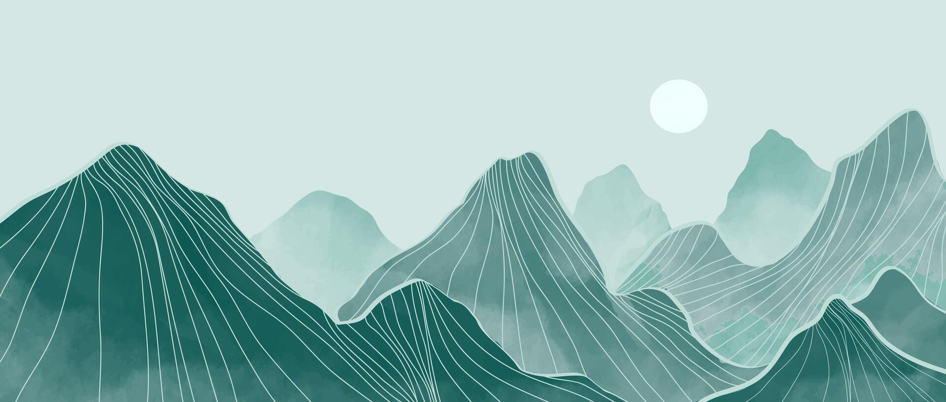montanha panorama aguarela pintura ilustração com linha arte padronizar. abstrato contemporâneo estético fundos paisagens. montanhas, colinas e Horizonte vetor