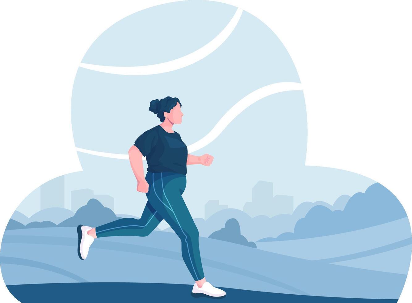 cheio de curvas mulher é corrida ar livre. vetor ilustração do pessoa corrida dentro urbano parque. mais Tamanho atleta às treinamento. figura é dentro movimento, comprimento total retrato com minimalista fundo.