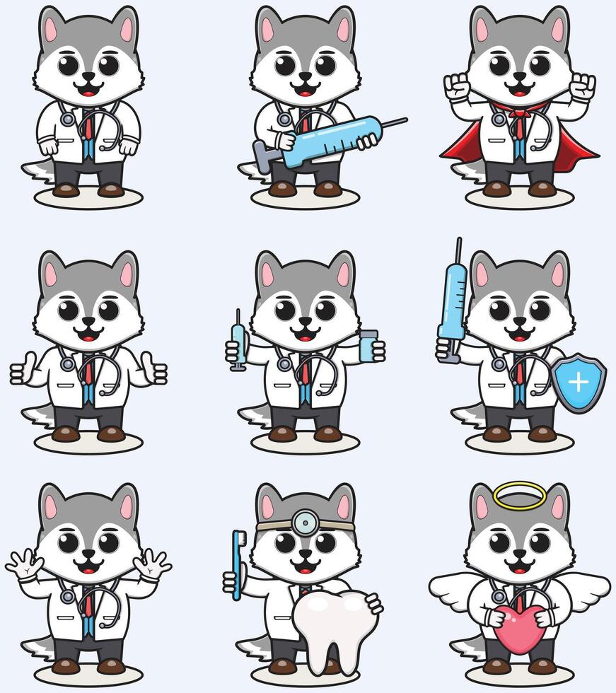 vetor ilustração do fofa Lobo desenho animado com médico fantasia. conjunto do fofa Lobo personagens. coleção do engraçado pequeno lobo.