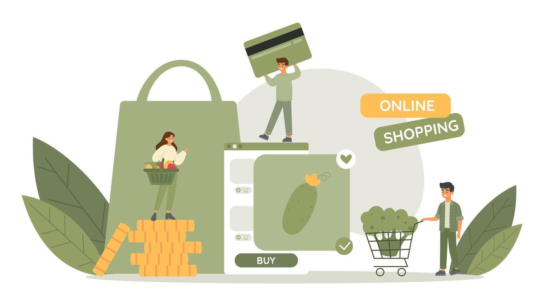 conectados compras conceito. personagens comprando legumes a partir de loja usando cartão. telefone aplicativo. compras cesta vetor