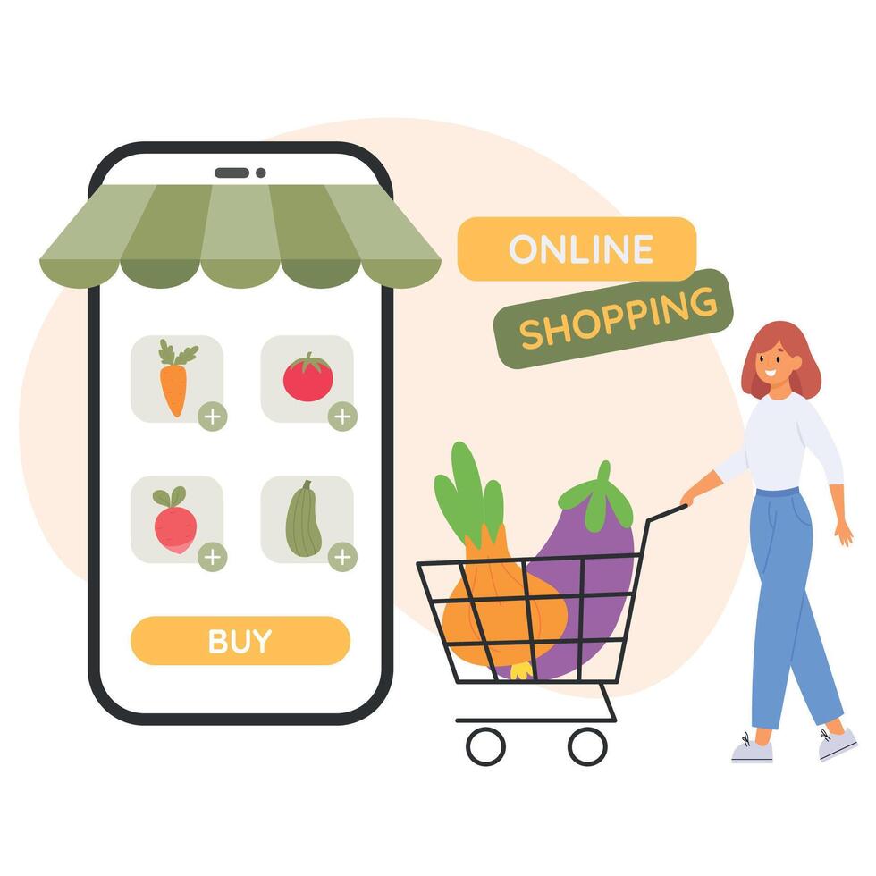 fêmea cliente escolhendo legumes em Móvel aplicativo, caminhando com cheio compras carrinho. conectados serviço. vetor ilustração dentro plano estilo