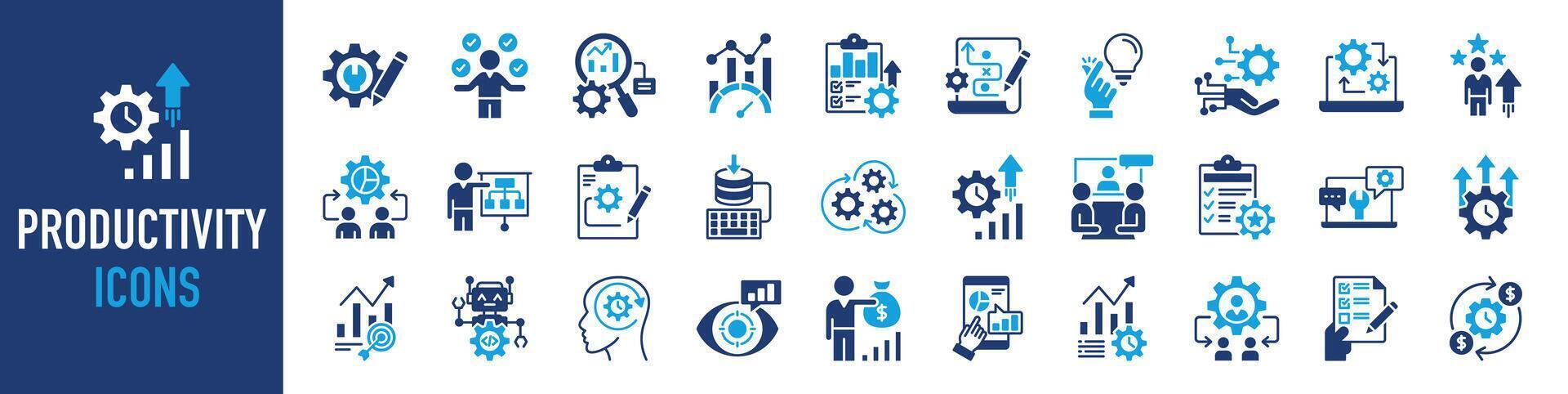 produtividade ícone definir. tal Como eficiência, tarefa, foco, multitarefa, desempenho, processo, fluxo de trabalho, crescimento, negócio, rotina, projeto gerenciamento, dados análise, e produtivo. vetor ícones coleção.