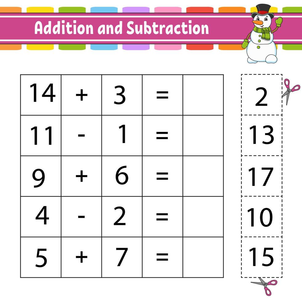 adição e subtração. tarefa para crianças. copiar e colar. planilha de desenvolvimento educacional. página de atividades. jogo para crianças. personagem engraçado. ilustração isolada do vetor. estilo de desenho animado. vetor