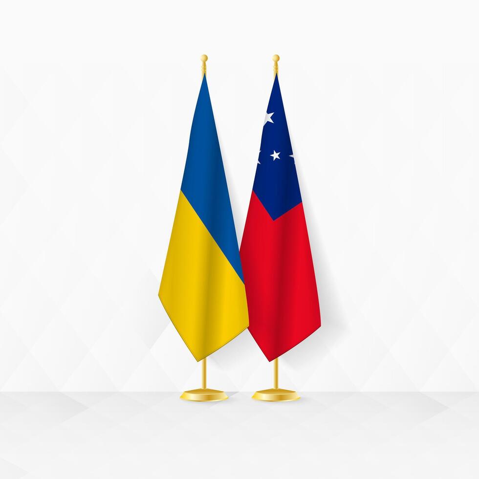 Ucrânia e samoa bandeiras em bandeira ficar em pé, ilustração para diplomacia e de outros encontro entre Ucrânia e samoa. vetor