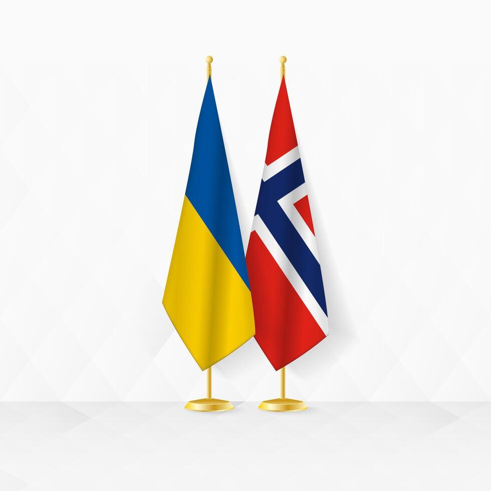Ucrânia e Noruega bandeiras em bandeira ficar em pé, ilustração para diplomacia e de outros encontro entre Ucrânia e Noruega. vetor
