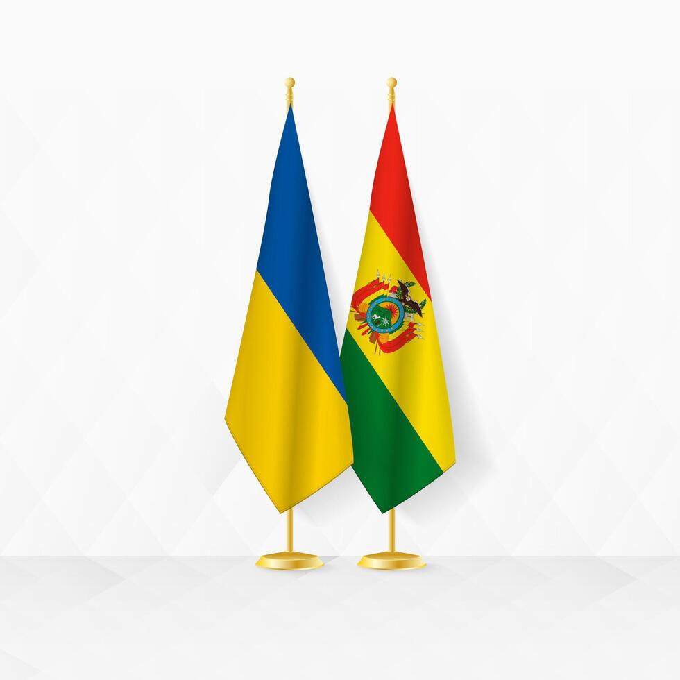 Ucrânia e Bolívia bandeiras em bandeira ficar em pé, ilustração para diplomacia e de outros encontro entre Ucrânia e Bolívia. vetor
