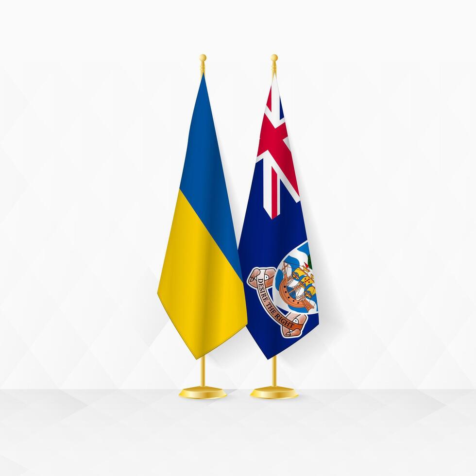 Ucrânia e Falkland ilhas bandeiras em bandeira ficar em pé, ilustração para diplomacia e de outros encontro entre Ucrânia e Falkland ilhas. vetor