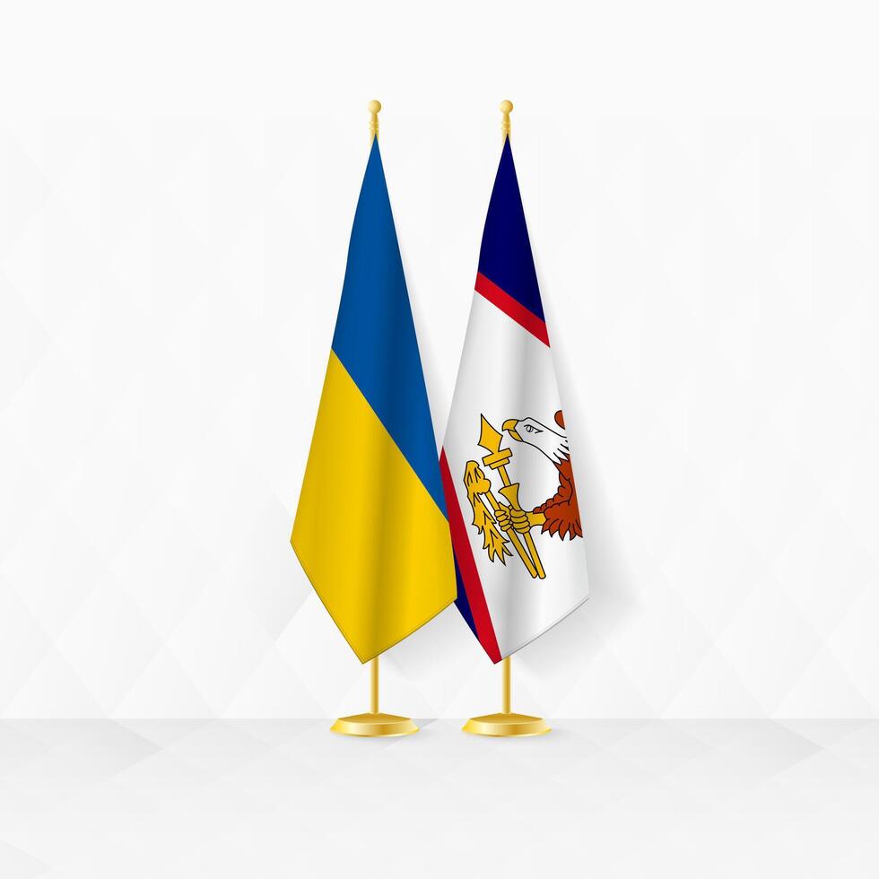 Ucrânia e americano samoa bandeiras em bandeira ficar em pé, ilustração para diplomacia e de outros encontro entre Ucrânia e americano samoa. vetor