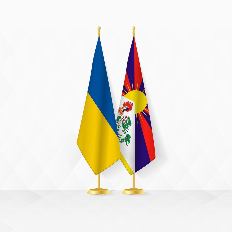 Ucrânia e tibete bandeiras em bandeira ficar em pé, ilustração para diplomacia e de outros encontro entre Ucrânia e tibete. vetor