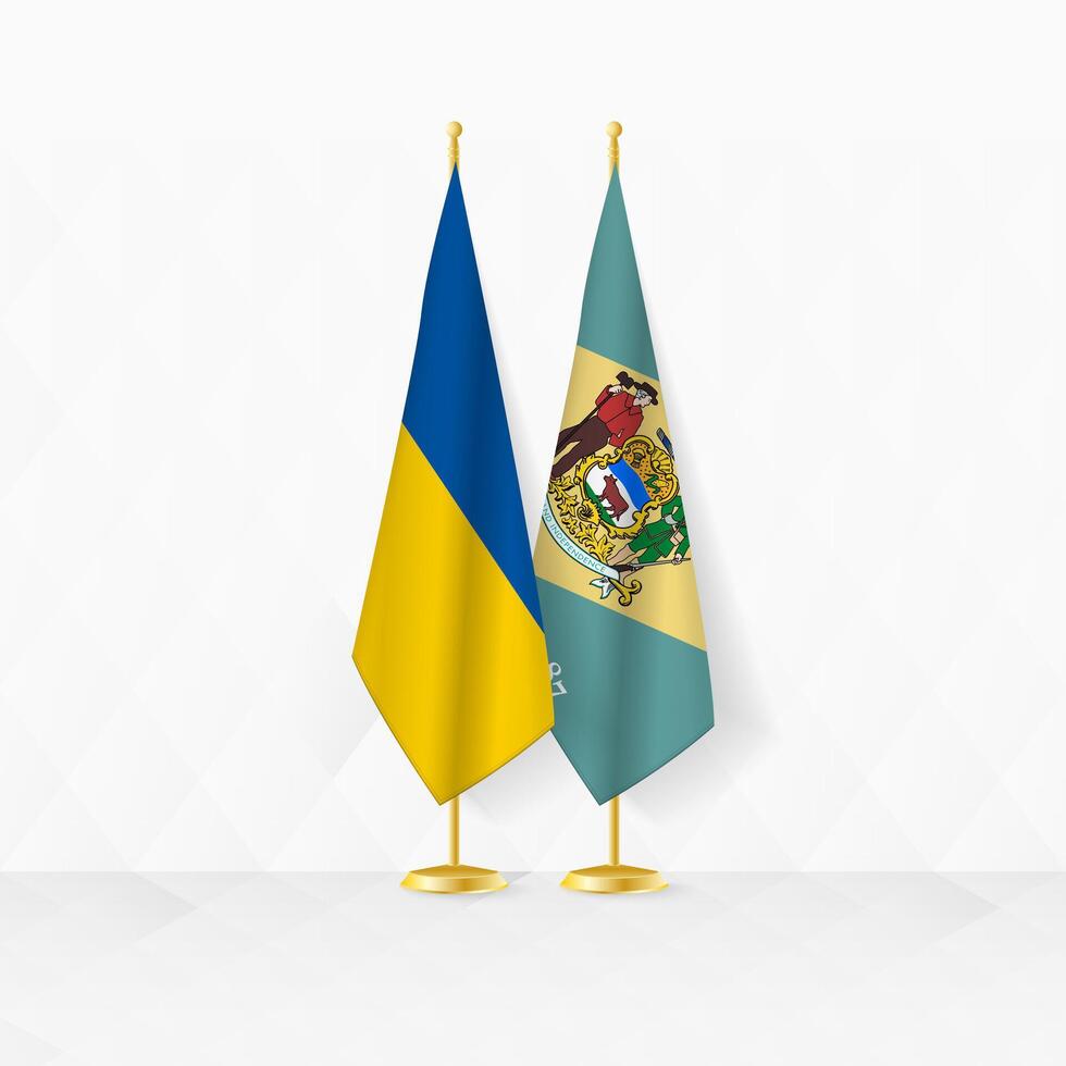 Ucrânia e Delaware bandeiras em bandeira ficar em pé, ilustração para diplomacia e de outros encontro entre Ucrânia e delaware. vetor