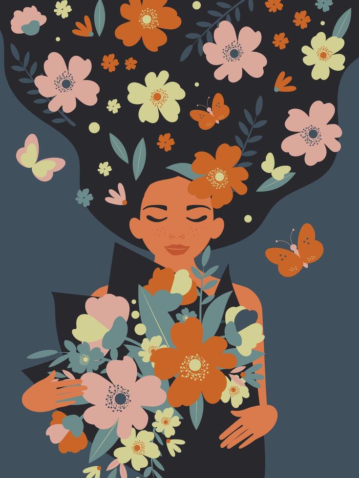lindo mulher com flores dentro dela cabelo e uma ramalhete dentro dela mãos para Primavera marcha cartões em mulheres dia. vetor. vetor