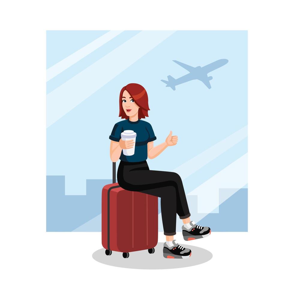 jovem mulher com café copo sentado em mala de viagem e mostrando polegares acima às a aeroporto antes voo. viajando conceito, plano projeto, desenho animado estilo. vetor ilustração