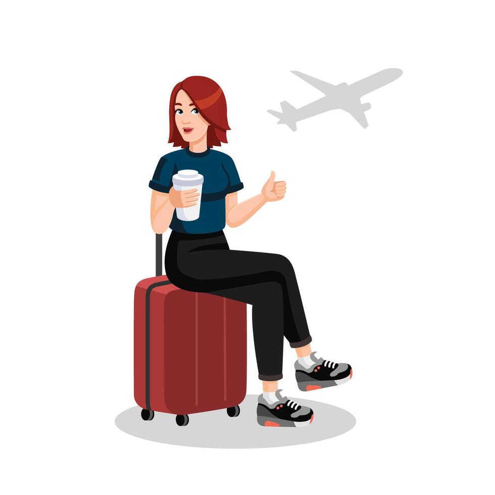 jovem mulher com café copo sentado em mala de viagem e mostrando polegares acima às a aeroporto antes voo. viajando conceito, plano projeto, desenho animado estilo. vetor ilustração