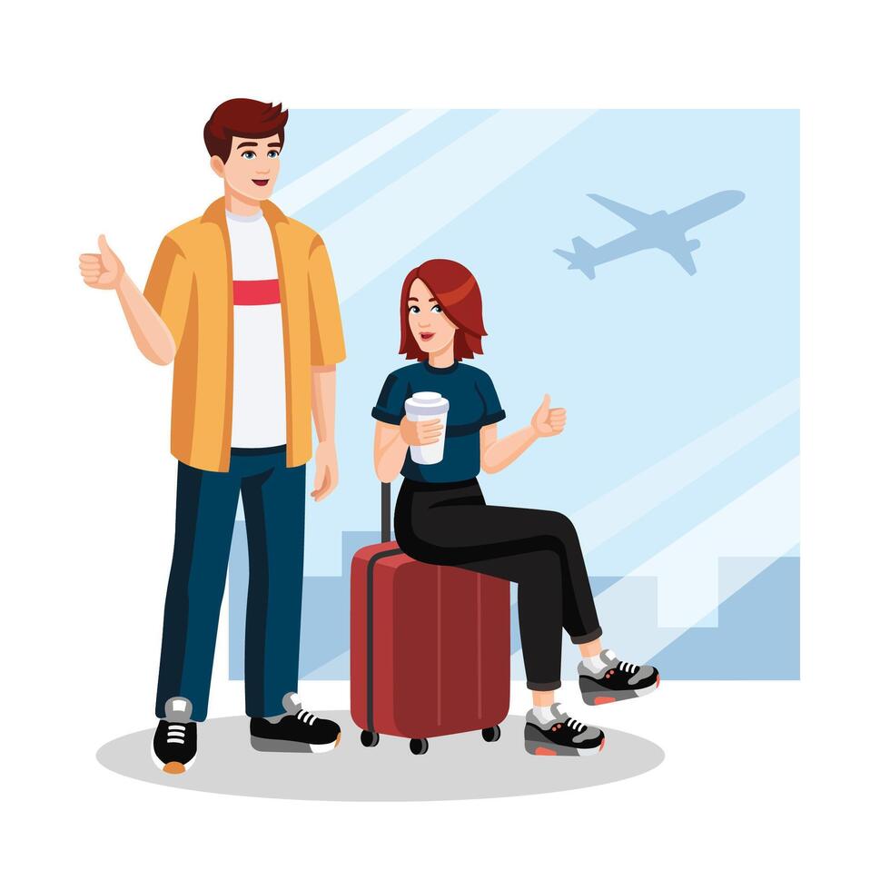 jovem casal com mala, mochila mostrando polegares acima às a aeroporto antes voo. viajando conceito, plano projeto, desenho animado estilo. pessoas esperando dentro aeroporto. vetor ilustração
