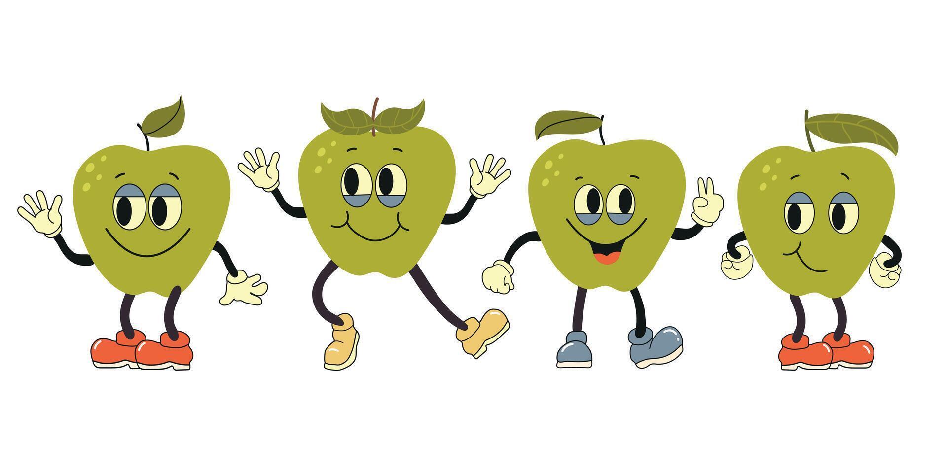 conjunto do retro desenho animado maçã personagens dentro diferente poses e emoção. nostalgia vetor ilustração.vintage sorridente fruta mascote vetor ilustração.