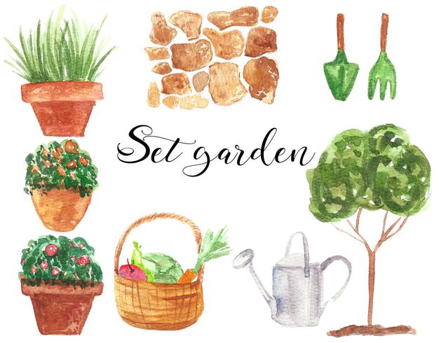 Conjunto de jardim. Ilustração em aquarela. Isolado. Natural e orgânico. Planta, flores, árvore, rega, caminho. Verde, marrom, vermelho. Vetor. vetor