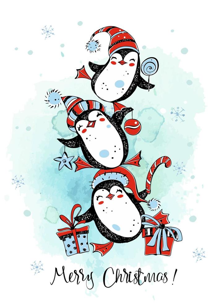 os pinguins do Feliz Natal estão dançando. cartão de ano novo. gráficos em aquarela. vetor