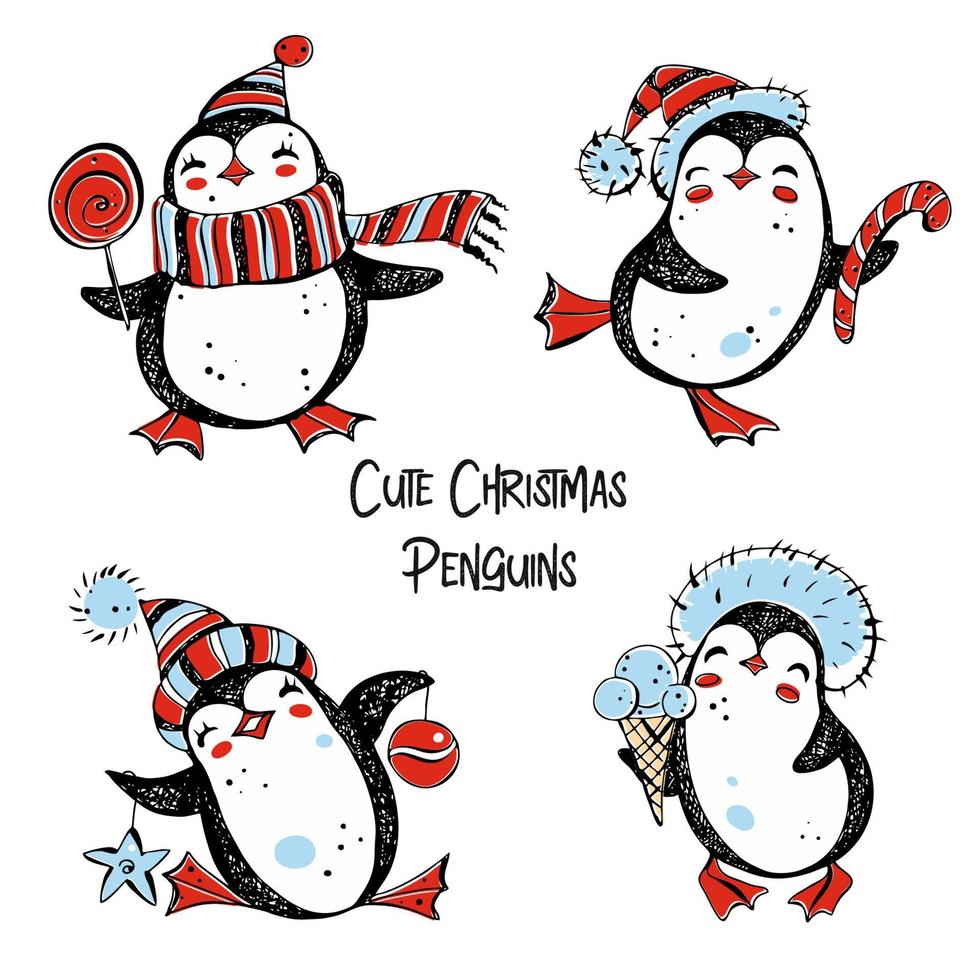 pinguins de Natal fofos. conjunto 2. gráficos. rabiscos. vetor. vetor