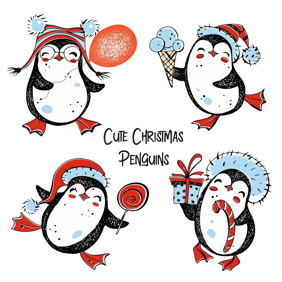 pinguins de Natal fofos. conjunto 3. gráficos. rabiscos. vetor. vetor