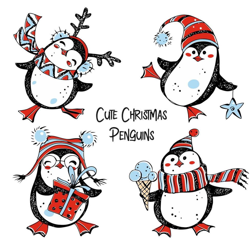 pinguins de Natal fofos. conjunto 1. gráficos. rabiscos. vetor. vetor