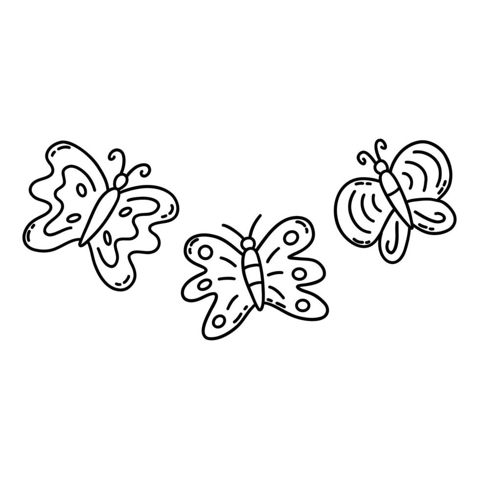 três borboletas. vetor mão desenhado rabisco simples