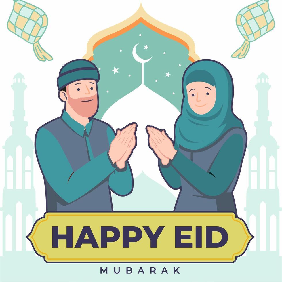 feliz eid al-fitr animação modelo muçulmano com mesquita e ketupat Como fundo vetor ilustração