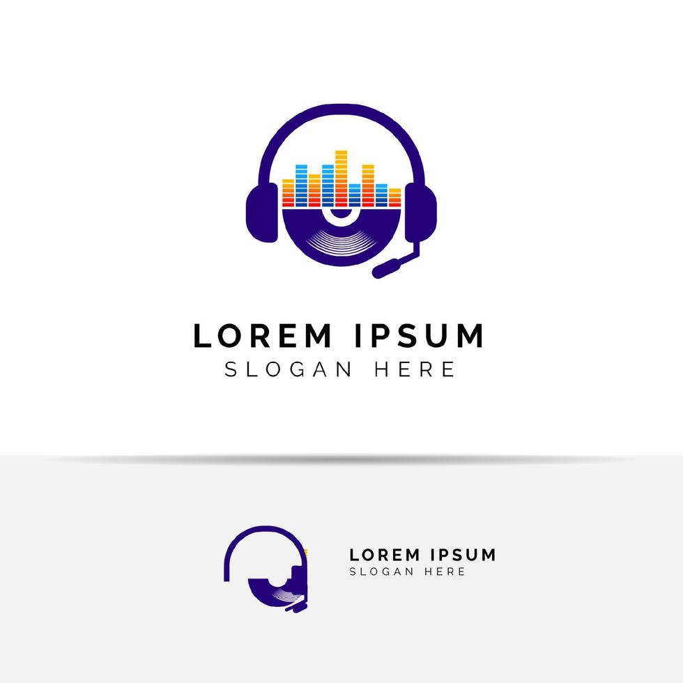 design de logotipo de música com ilustração de fone de ouvido e vinil. modelo de design de logotipo de DJ vetor