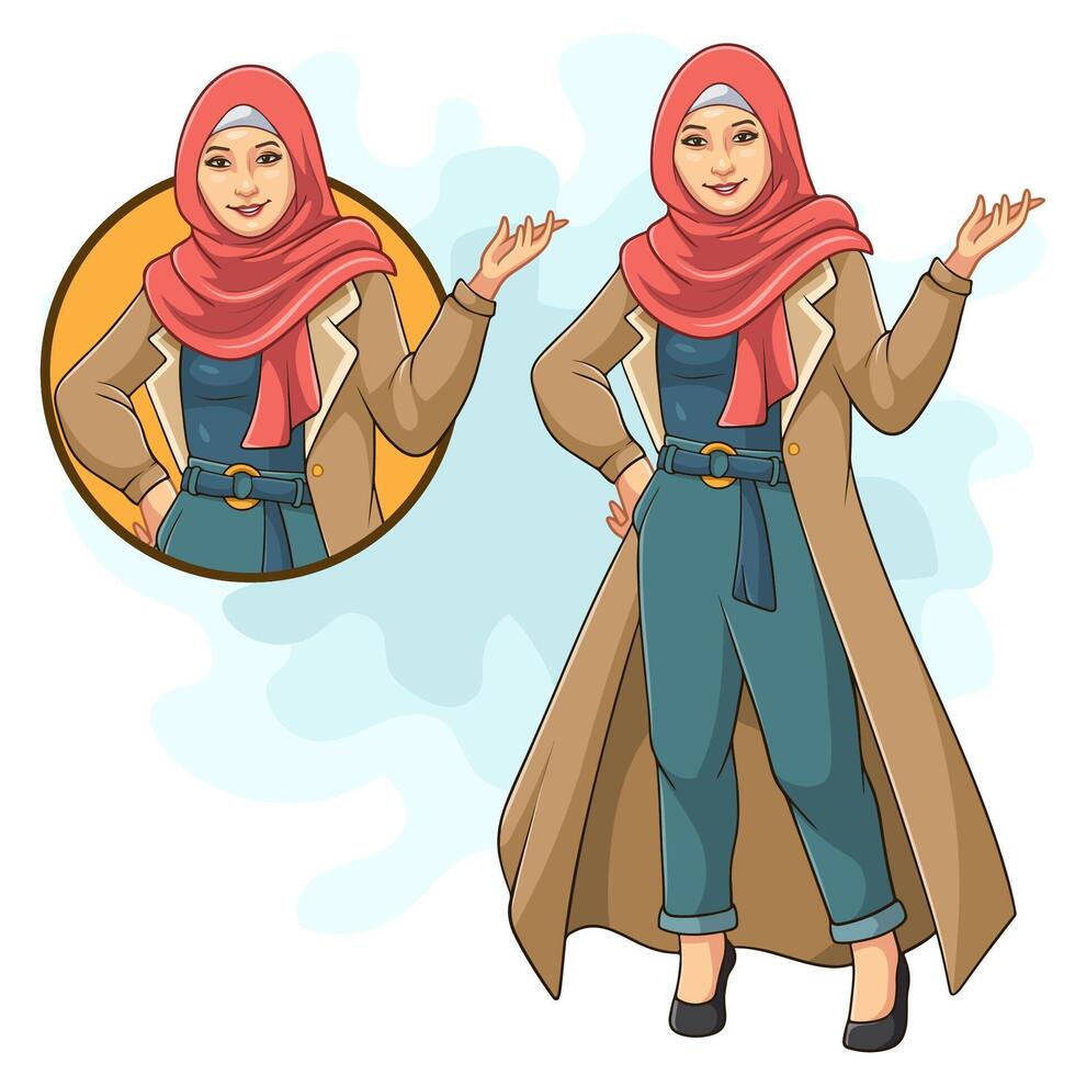 desenho animado feliz muçulmano menina apresentando vetor