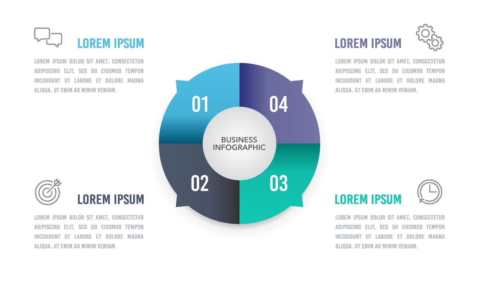 4 processo círculo infográfico modelo. infográfico 4 opções. o negócio apresentação, fluxo de trabalho disposição, bandeira. vetor ilustração.