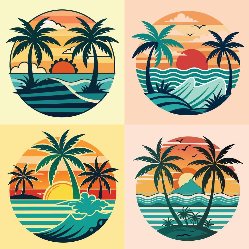 conjunto do vetor Palma árvores e pôr do sol em a mar. ilustrações. verão t camisa