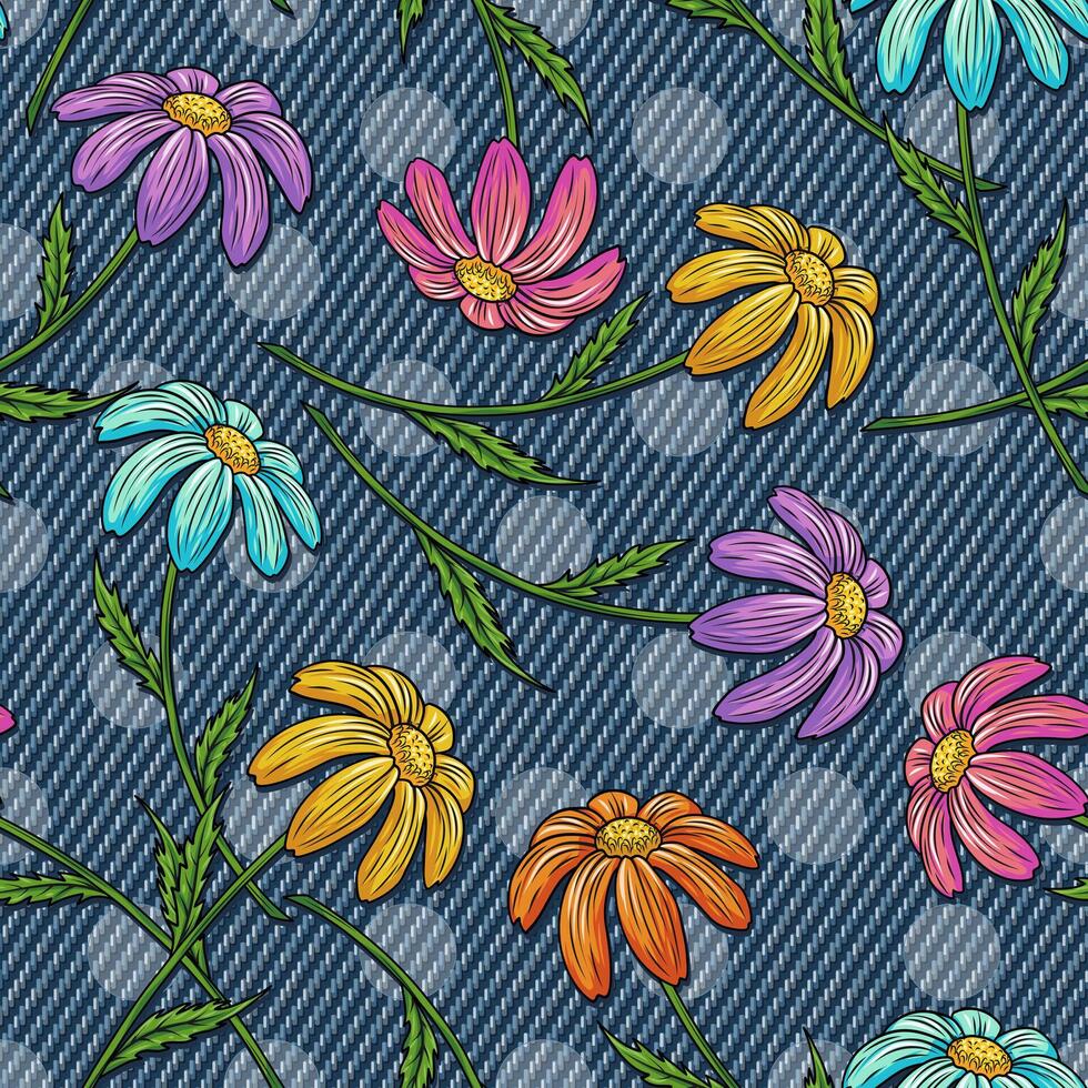 verão jeans padronizar com camomila, polca ponto enfeite atrás. florescendo flores com haste em azul jeans textura. legal, hippie, ingênuo estilo para vestuário, tecido, têxtil, Projeto vetor