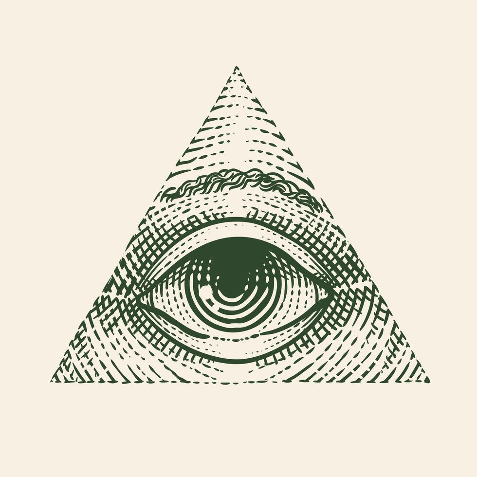 todos vendo olho do Deus. illuminati símbolo. ilustração mão retirou, gravação desenho, vetor. vetor