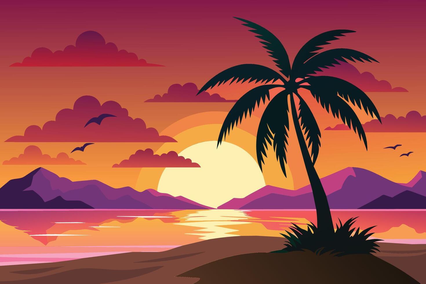 Palma árvore pôr do sol tropical ilha com Preto árvore isolado plano ilustração. vetor