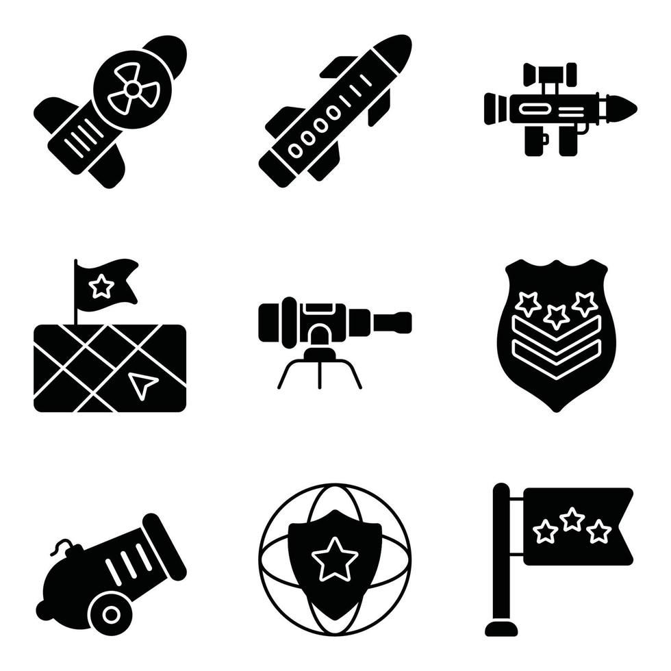 conjunto de ícones de glifos militares vetor