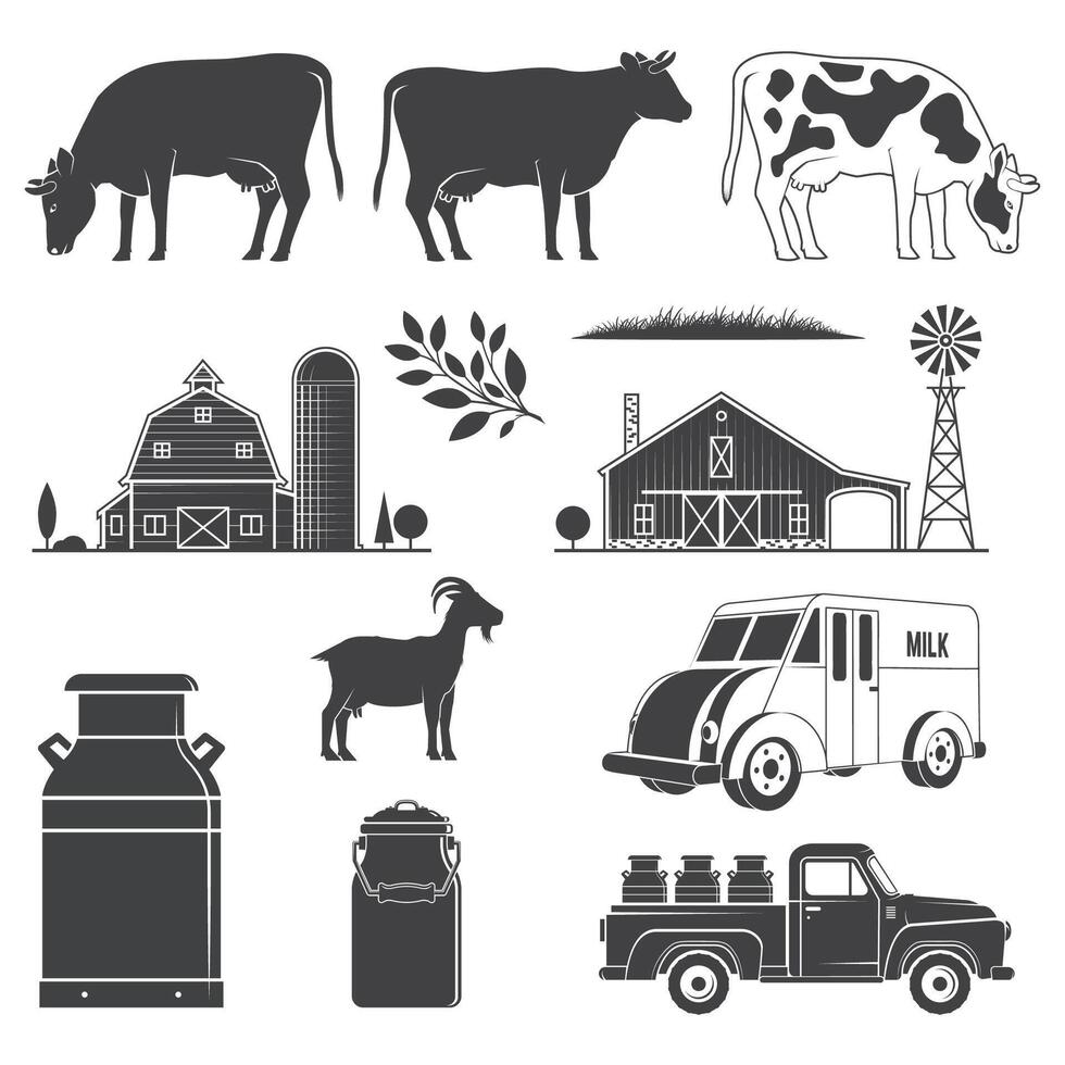 conjunto laticínios e leite Fazenda equipamento ícone. vetor ilustração conjunto incluir vaca, cabra, fazenda, leite pode, pegar silhueta escala isolado em a branco fundo.