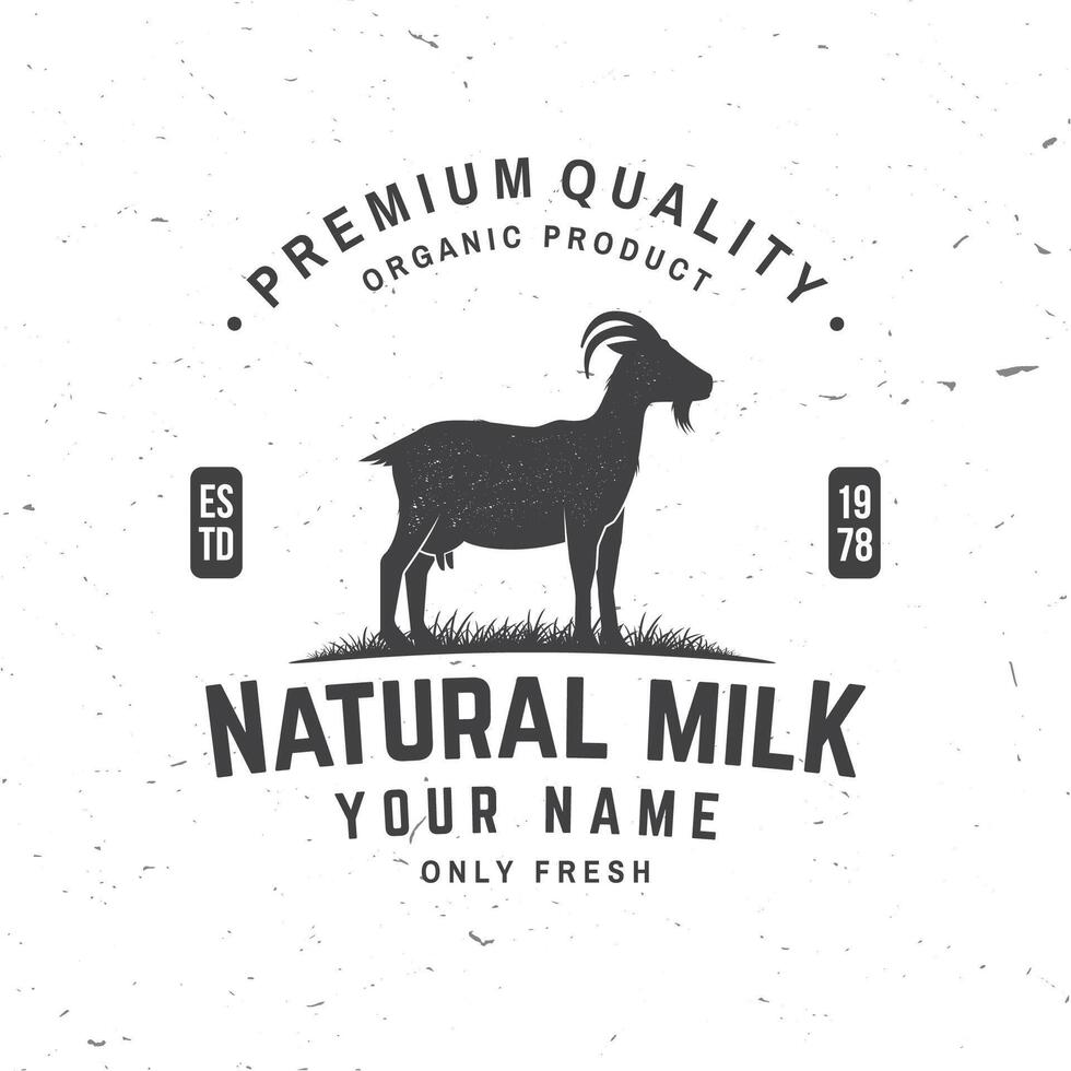 fresco natural leite distintivo, logotipo. vetor. tipografia Projeto com bode silhueta. modelo para laticínios e leite Fazenda o negócio - comprar, mercado, embalagem e cardápio vetor