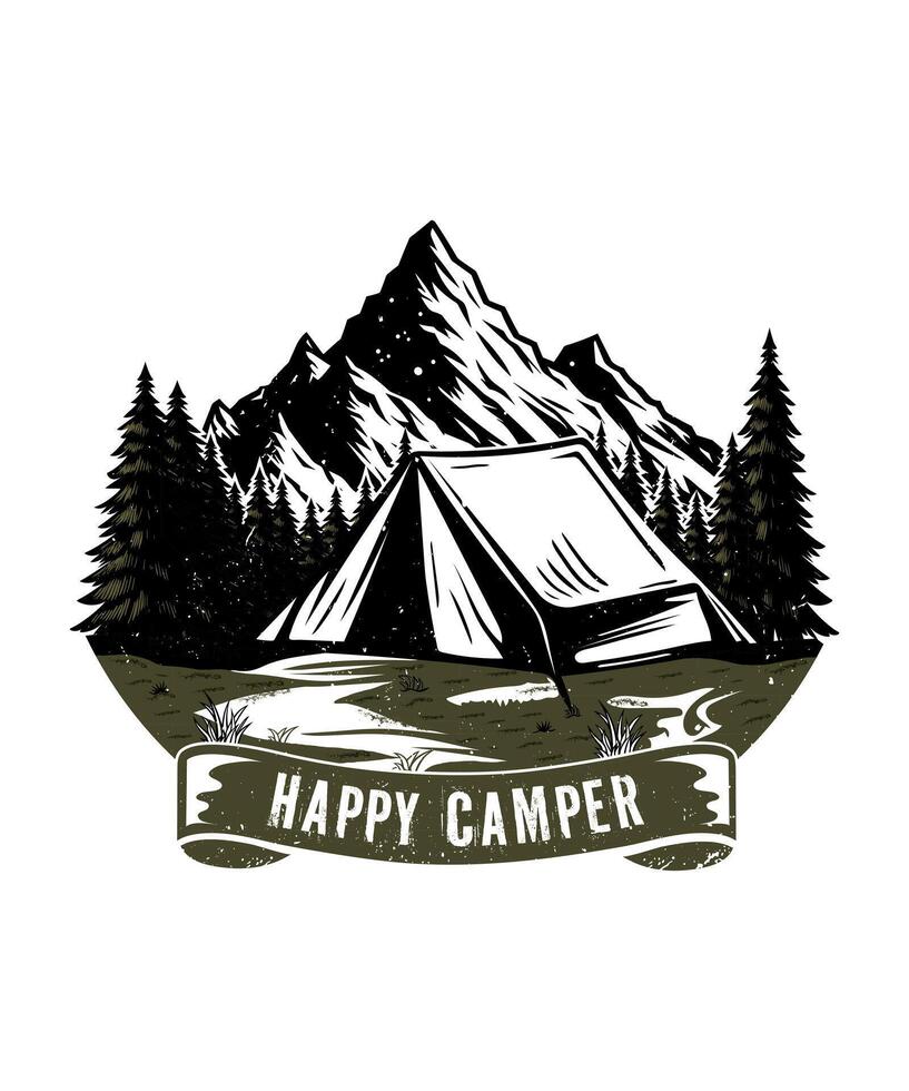feliz campista acampamento aventura t camisa Projeto ilustração vetor