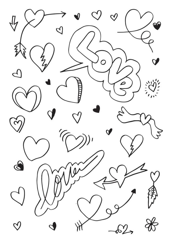 rabiscos desenhados à mão para o dia dos namorados. coleção de belos corações e escritos amor em fundo branco. ilustração vetorial. vetor