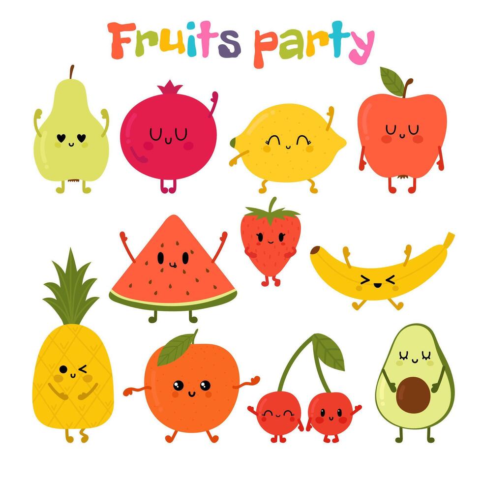 festa com dançando frutas. fofa mão desenhado kawaii frutas. saudável estilo coleção. plano estilo. vegetariano Comida. desenho animado vetor