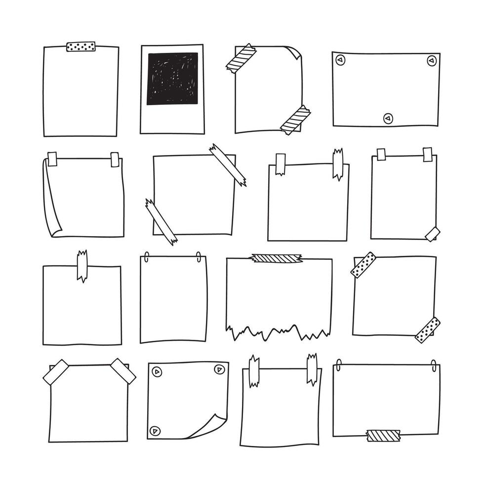 conjunto do mão desenhado papel notas. papel timbrado e foto quadro. esboço papéis para seu mensagens vetor