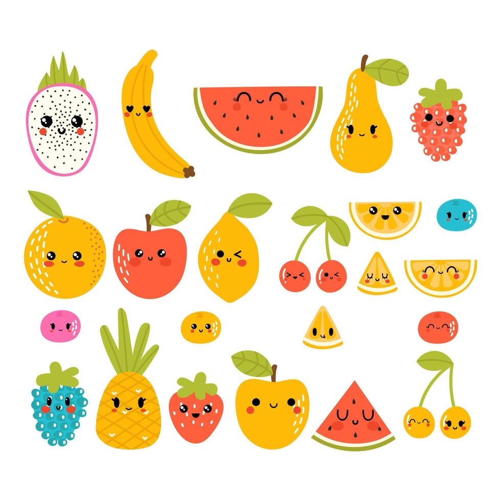 fofa mão desenhado kawaii tropical sorridente fruta. saudável estilo coleção. desenho animado mangá personagens vetor