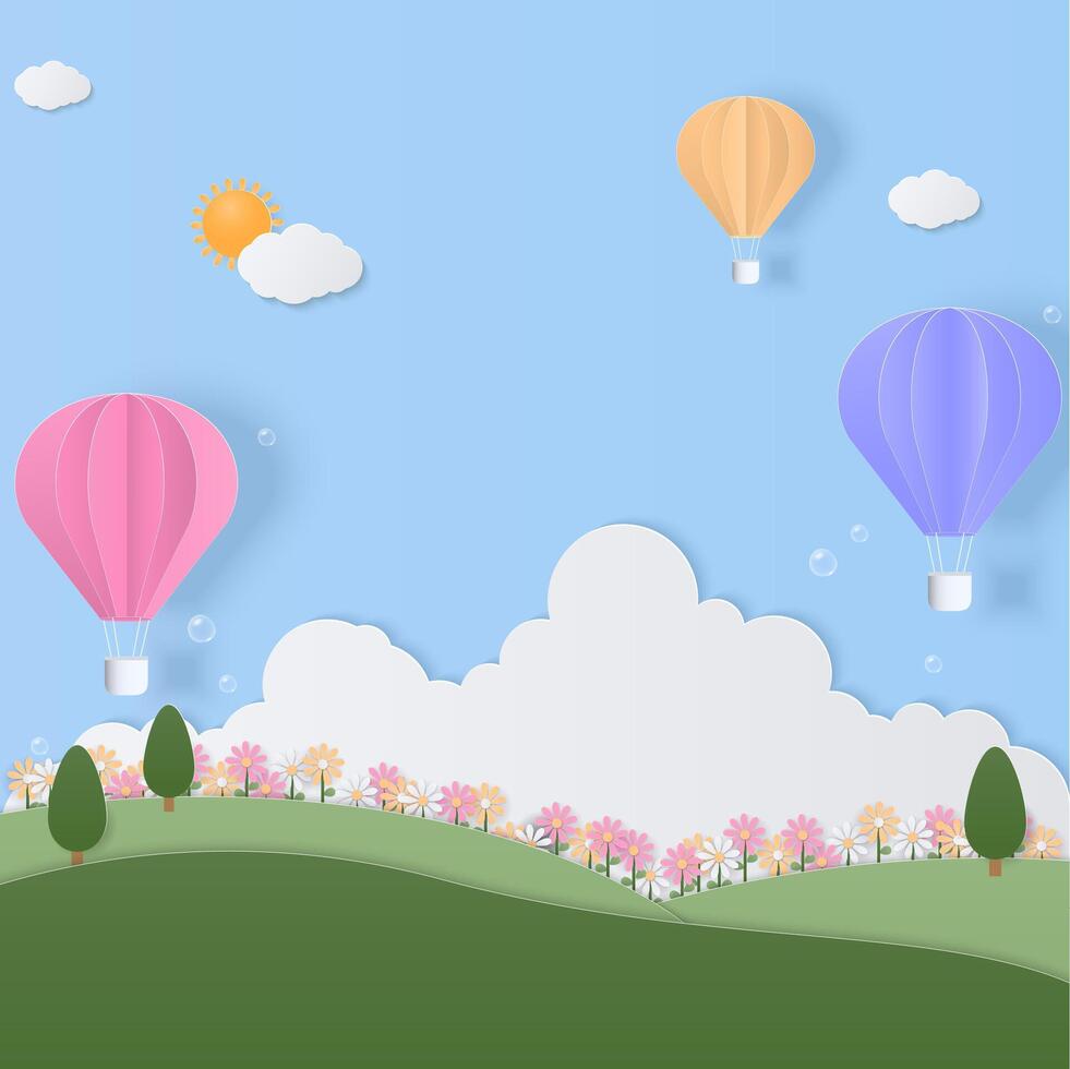 pastel quente ar balão com nuvem e Prado fundo vetor