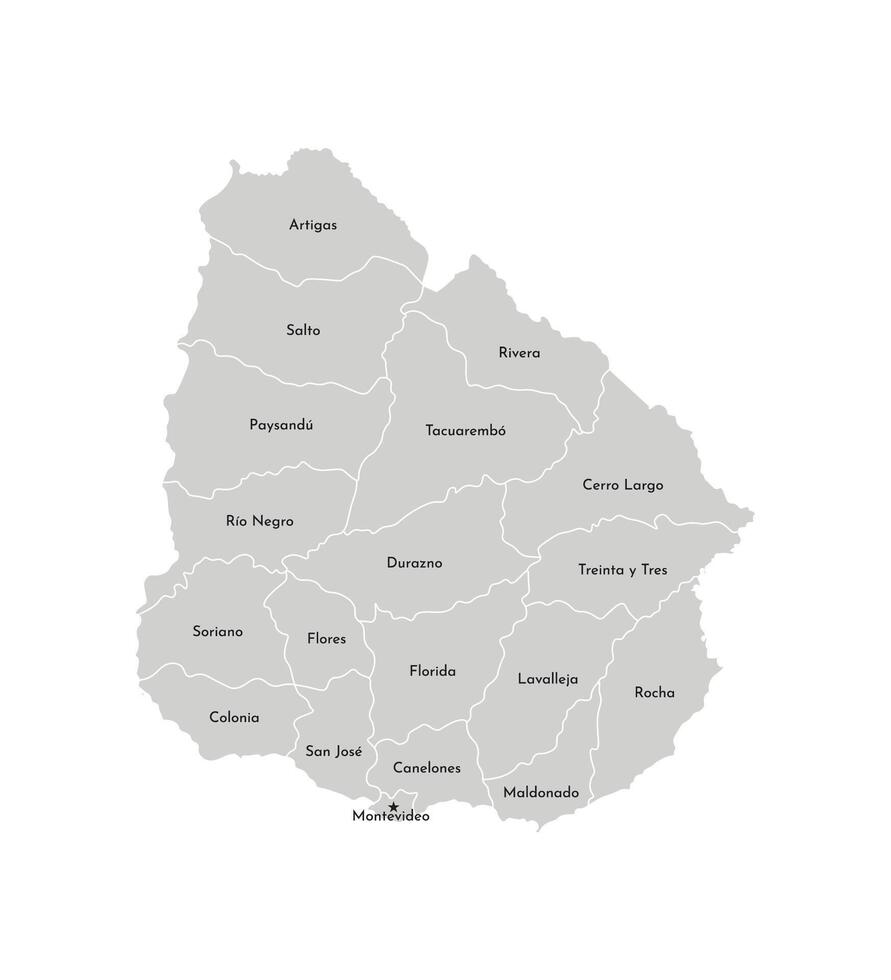 vetor isolado ilustração do simplificado administrativo mapa do Uruguai. fronteiras e nomes do a departamentos, regiões. cinzento silhuetas. branco esboço