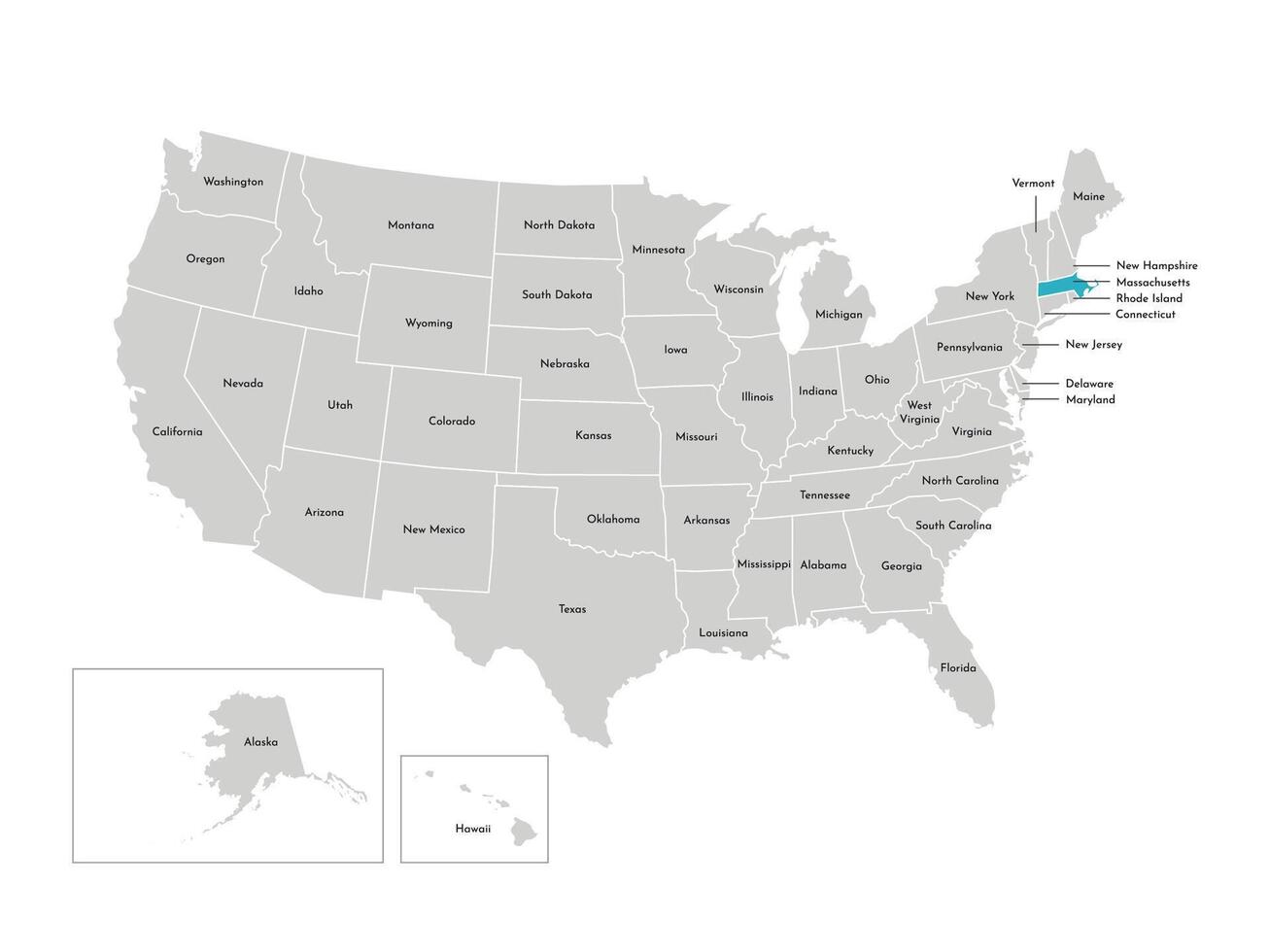 vetor isolado ilustração do simplificado administrativo mapa do a EUA. fronteiras do a estados com nomes. azul silhueta do massachusetts, estado.