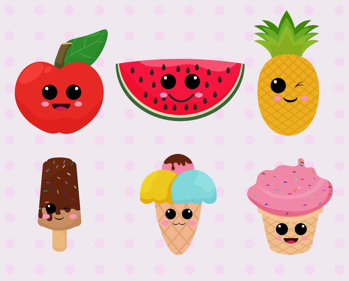 fruta e gelo creme kawaii conjunto vetor ilustração