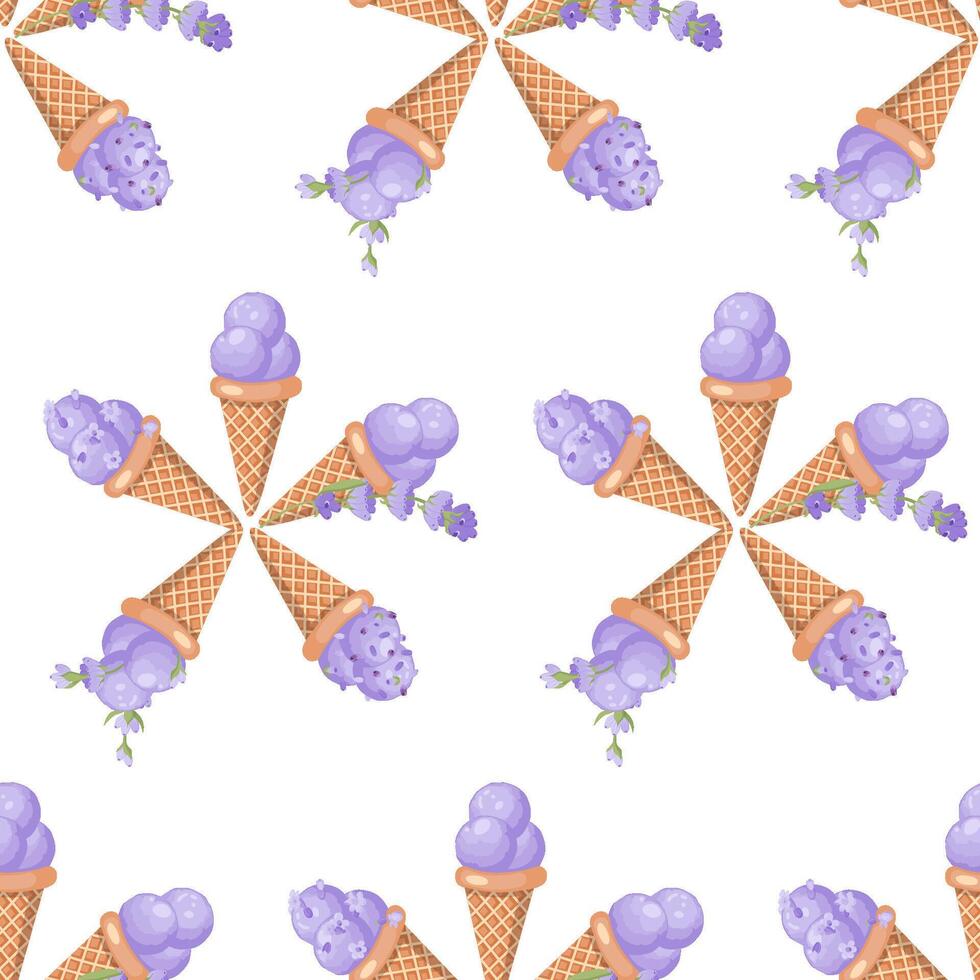 lavanda gelo creme. três colheres do cremoso doce sobremesa dentro uma waffle cone. roxa sorvete. desatado padronizar. vetor ilustração.