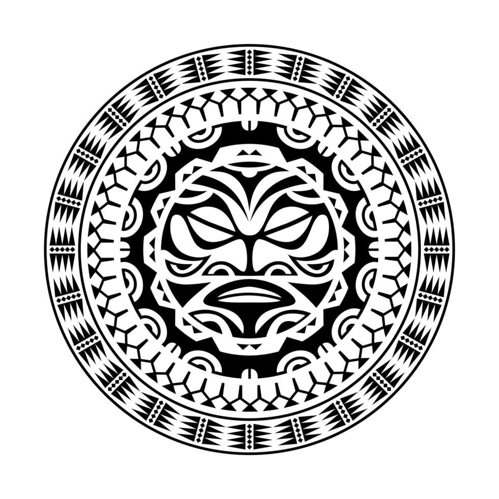 ornamento de tatuagem redonda com estilo maori de rosto de sol. máscara étnica africana, asteca ou maia. vetor